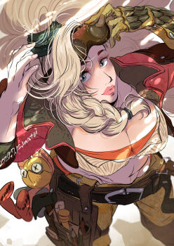 1girl asymmetrical_hair blonde_hair blue_eyes braid breasts buckle cleavage cropped_jacket dated freckles from_above gemma_(monster_hunter_wilds) goggles goggles_on_head green_scrunchie hair_flowing_over hair_ornament hair_scrunchie highres holding holding_goggles jacket large_breasts leather leather_belt leather_jacket lips long_hair looking_at_viewer looking_up matoi-1228 monster_hunter_(series) monster_hunter_wilds pencil scrunchie side_braid signature simple_background solo stuffed_animal stuffed_toy sunlight tool_belt tools