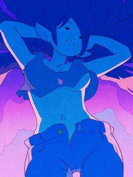 1girl adventure_time arms_behind_head breasts cloud crasherchroma crop_top hair_flowing_over highres long_hair looking_at_viewer marceline_abadeer midriff open_fly open_mouth pointy_ears shorts smile solo unzipped