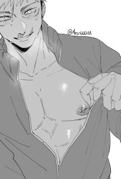 1boy blush commentary_request greyscale highres itadori_yuuji jujutsu_kaisen looking_at_viewer male_focus mawaru_(ajan) monochrome nipple_bar nipple_piercing nipples partially_open_jacket pectorals piercing scar scar_on_face scar_on_mouth short_hair simple_background smile solo sweat teeth twitter_username undercut upper_body white_background
