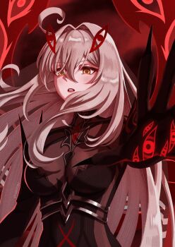 1girl absurdres ahoge artist_name black_bodystocking breasts claws commentary english_commentary eye_hair_ornament genshin_impact grey_hair hair_between_eyes hair_intakes hand_eye highres large_breasts lipstick long_hair makeup parted_lips ranbutan reaching reaching_towards_viewer red_lips red_wings ronova_(genshin_impact) solo symbol-shaped_pupils upper_body very_long_fingernails very_long_hair wings yellow_eyes