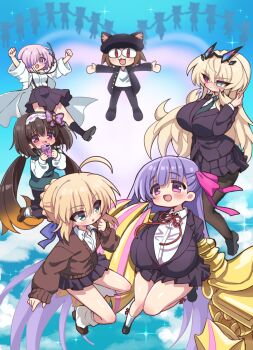 Rule 34 | :d, absurdly long hair, ahoge, animal ears, artoria pendragon (fate), barghest (fate), black jacket, black pantyhose, black skirt, blonde hair, blue eyes, braid, breasts, brown hair, brown jacket, cat ears, claw (weapon), commentary, commission, cosplay, crown braid, eiai nano, eiai nano (cosplay), english commentary, fate/grand order, fate (series), gakuran, gradient hair, green vest, hair over one eye, hair ribbon, half updo, hanazono hakari, hanazono hakari (cosplay), heterochromia, highres, huge breasts, inda karane, inda karane (cosplay), jacket, kiba yaeba, kimi no koto ga dai dai dai dai daisuki na 100-nin no kanojo, lab coat, large breasts, long hair, low twintails, mash kyrielight, medium breasts, miniskirt, multicolored hair, neco spirit, ohananomitsu high school uniform, open mouth, orange hair, original, osakabehime (fate), pantyhose, parody, passionlip (fate), pink eyes, pink hair, pink ribbon, pleated skirt, poster parody, purple hair, red eyes, ribbon, saber (fate), school uniform, second-party source, shirt, silhouette, skirt, smile, suspender skirt, suspenders, twintails, very long hair, vest, weapon, white shirt, yakuzen kusuri, yakuzen kusuri (cosplay), yoshimoto shizuka, yoshimoto shizuka (cosplay)