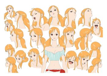 1girl asymmetrical_bangs bare_shoulders belt breasts brown_eyes closed_eyes closed_mouth collarbone commentary crop_top curvy english_commentary expression_chart kojima_takashi large_breasts long_hair long_sidelocks low_twintails midriff multiple_expressions multiple_views nami_(one_piece) narrow_waist navel off-shoulder_shirt off_shoulder official_art one_piece one_piece_heroines open_mouth orange_hair pink_lips red_belt reference_sheet shirt short_shorts shorts shoulder_tattoo sidelocks simple_background striped_clothes striped_shirt tattoo twintails two-tone_shirt vertical-striped_clothes vertical-striped_shirt white_background wide_hips