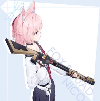1girl absurdres animal_ear_fluff animal_ears black_sailor_collar black_skirt blue_archive blue_eyes blue_halo character_name closed_mouth collarbone commentary cowboy_shot drop_shadow english_commentary english_text eyelashes eyes_visible_through_hair fox_ears fox_girl from_side grey_background gun hair_between_eyes hair_ribbon halo highres holding holding_gun holding_weapon long_sleeves looking_ahead medium_hair miniskirt neckerchief niko_(blue_archive) pink_hair pleated_skirt ponytail profile red_neckerchief red_ribbon ribbon sailor_collar school_uniform serafuku shirt short_ponytail simple_background skirt solo straight_hair tactical_school_uniform two-tone_background weapon white_background white_shirt yuxue_(snoain_yyk)