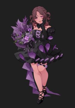 Rule 34 | 1girl, back bow, bare legs, black background, black collar, black dress, black gloves, black shoes, black sleeves, bouquet, bow, braid, breasts, brown hair, cleavage, collar, colored tips, commentary, cross-laced clothes, cross-laced dress, crown braid, dark-skinned female, dark skin, detached collar, detached sleeves, dot nose, dress, elbow gloves, eyelashes, flats, flower, flower thigh strap, frilled collar, frilled sleeves, frills, full body, gloves, hand on own cheek, hand on own face, happy, hashtag-only commentary, highres, holding, holding bouquet, knees, lavender (flower), light blush, long hair, looking at viewer, multicolored hair, no socks, open mouth, original, parted bangs, peony (flower), pink eyes, pleated dress, purple bow, purple flower, reean, shoes, short dress, short sleeves, simple background, smile, solo, standing, strapless, strapless dress, teeth, two side up, wavy hair