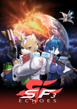 1girl 3boys absurdres artist_request arwing belt blue_eyes blue_hair bodysuit breasts eyepiece falco_lombardi fox_mccloud gem green_eyes gun hair_ornament hat highres jacket jecbrush jewelry krystal multiple_boys nintendo planet pointy_ears poster_(medium) robot scouter slippy_toad space staff star_fox weapon