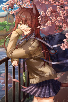 Rule 34 | 1girl, animal ears, backpack, bag, black skirt, blush, brown hair, brown sweater, cat ears, cat girl, cat tail, cherry blossoms, collared shirt, commentary request, covering own mouth, cowboy shot, hand over own mouth, highres, idolmaster, idolmaster shiny colors, kemonomimi mode, long hair, long sleeves, looking at viewer, miniskirt, osaki tenka, outdoors, plaid clothes, plaid skirt, pleated skirt, railing, school bag, school uniform, shirt, skirt, sleeves past wrists, solo, standing, sweater, tail, wanitaroo. (waniwani panic), white shirt, yellow eyes