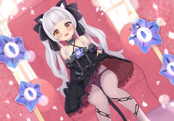 1girl animal_ears bare_shoulders black_dress black_sleeves blunt_bangs blush bow brooch cameltoe cat_ears cat_girl cat_tail center_frills chain_print choker clothes_lift collarbone commentary couch criss-cross_halter detached_sleeves dress dress_bow dutch_angle embarrassed flat_chest frilled_choker frilled_dress frilled_ribbon frills gothic_lolita hair_ribbon halter_dress halterneck hololive jewelry juliet_sleeves layered_dress loli lolita_fashion long_hair long_sleeves looking_at_viewer murasaki_shion murasaki_shion_(gothic_lolita) on_couch open_mouth panties panties_under_pantyhose pantyhose pinstripe_dress pinstripe_pattern print_pantyhose puffy_sleeves purple_panties purple_pantyhose ribbon shiromono short_dress sidelocks silver_hair sitting skindentation skirt skirt_lift sleeveless sleeveless_dress solo star_(symbol) striped tail tail_bow tail_ornament twintails underwear upskirt virtual_youtuber wide_sleeves yellow_eyes