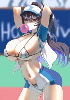 1girl absurdres alternate_costume asymmetrical_horns backwards_hat baseball baseball_cap baseball_glove baseball_print baseball_stadium baseball_uniform belt bikini black_hair blowing_bubble_gum blue_hair breasts chewing_gum cleavage colored_inner_hair daaku_(koizumi_arata) demon_horns gloves hair_through_headwear hat highres holding hololive hololive_english horns large_breasts long_hair looking_at_viewer mole mole_under_eye multicolored_hair nerissa_ravencroft outdoors playing_sports red_eyes shirt short_sleeves shorts solo sportswear striped_clothes striped_shirt swimsuit two-tone_hair uneven_horns very_long_hair virtual_youtuber white_bikini white_hat