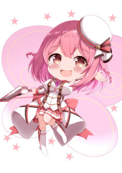 1girl :d beret blush boots bow_(weapon) braid breasts brown_eyes butterfly_wings chibi commentary_request commission detached_sleeves full_body hair_between_eyes hand_up hat highres holding holding_bow_(weapon) holding_weapon hoshizaki_akari insect_wings jacket large_breasts long_sleeves ongeki open_mouth pink_hair pink_wings pixiv_commission pleated_skirt red_skirt rilu_rilu_fairilu skirt smile solo star_(symbol) tilted_headwear twin_braids weapon white_background white_boots white_hat white_jacket wings xenon_(for_achieve)