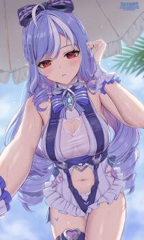 1girl beach_umbrella blue_sky blush bow bowtie breasts clothing_cutout commentary_request day drill_hair drill_sidelocks frilled_wrist_cuffs frills heart_cutout highres large_breasts long_hair looking_at_viewer multicolored_hair navel official_alternate_costume parted_lips partial_commentary pointy_ears ponnyu12 purple_bow purple_bowtie purple_hair purple_nails reaching reaching_towards_viewer red_eyes sidelocks sky solo stomach_cutout streaked_hair twin_drills umbrella vivian_banshee vivian_banshee_(iris_of_the_shore) wet white_hair wrist_cuffs zenless_zone_zero