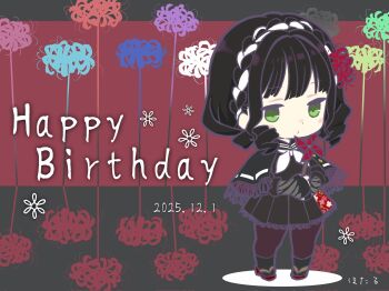 1girl artist_name assault_lily black_capelet black_gloves black_sailor_collar black_serafuku black_shirt black_skirt blue_flower blush braid capelet chibi closed_mouth commentary crown_braid dated drill_hair drill_sidelocks floral_background floral_print flower full_body gloves green_eyes green_flower grey_background grey_flower grey_gloves hands_up happy_birthday hei_no_hana highres holding holding_pinwheel hotaru_(ultraroly_poly) jika-tabi lace lace-trimmed_capelet lace-trimmed_skirt lace_trim looking_at_viewer miniskirt multicolored_hair neckerchief pantyhose pinwheel pleated_skirt print_skirt purple_flower purple_pantyhose red_background red_flower sailor_collar school_uniform serafuku shirt short_shorts shorts sidelocks skirt solo spider_lily standing streaked_hair two-tone_background two-tone_gloves white_flower white_neckerchief white_streaks
