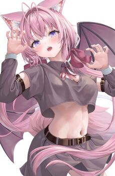 1girl absurdres animal_ears antenna_hair arm_belt belt blush bow breasts brown_belt claw_pose cleavage_cutout clothing_cutout collared_shirt demon_wings detached_sleeves fangs hair_bow hair_intakes hakui_koyori heart_cutout highres hololive large_breasts long_hair long_sleeves looking_at_viewer midriff navel neck_ribbon open_mouth pink_bow pink_hair pink_ribbon pink_tail pleated_skirt purple_eyes purple_shirt purple_sleeves purple_wings ribbon shirt short_sleeves simple_background skirt solo stomach tail teeth thighs tongue twintails virtual_youtuber white_background wings wolf_ears wolf_girl wolf_tail yuge_(setsura)