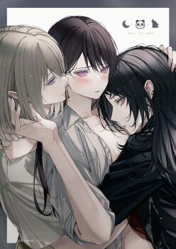 3girls areola_slip bang_dream! bang_dream!_it&#039;s_mygo!!!!! black_hair black_jacket blackfangs blonde_hair blush closed_mouth commentary_request earclip earrings fff_threesome girl_sandwich group_sex highres hug jacket jewelry long_hair medium_hair misumi_uika mole mole_under_eye multiple_girls purple_eyes red_shirt sandwiched shiina_taki shirt short_sleeves threesome white_jacket yahata_umiri yuri