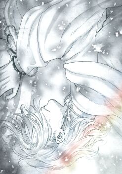 1boy cuffs ferdinand_(honzuki_no_gekokujou) greyscale hair_over_eyes handcuffs highres hitsuki_(hiidukii) honzuki_no_gekokujou lying male_focus monochrome on_side robe solo spot_color sweat tears upper_body upside-down