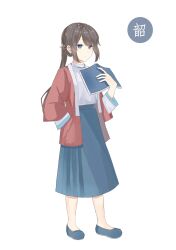 Rule 34 | 1girl, absurdres, beizhen922, blue eyes, blue footwear, blue skirt, book, brown hair, chinese clothes, closed mouth, duijin ruqun, full body, hand in pocket, hanfu, highres, holding, holding book, jacket, long hair, long skirt, looking at viewer, open clothes, open jacket, ponytail, red jacket, shirt, shoes, simple background, skirt, solo, standing, white shirt