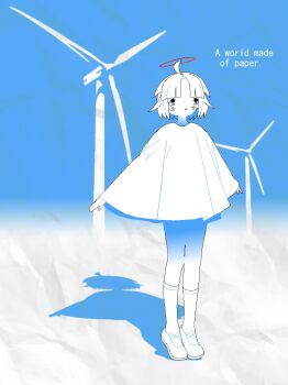 Rule 34 | 1girl, absurdres, ahoge, angel, blue sky, chewchewer, commentary, english text, expressionless, full body, halo, highres, long shirt, microsoft paint (medium), nyan (chewchewer), open mouth, original, outstretched arms, red halo, sandals, shadow, shirt, short hair, sky, socks, solo, spread arms, standing, symbol-only commentary, white sandals, white shirt, white socks, windmill