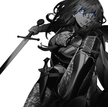 armor battle black_armor black_boots black_shirt black_shorts blue_eyes boots breasts cape clothing_cutout commentary_request dagger female_byleth_(fire_emblem) fire_emblem fire_emblem:_three_houses gauntlets greyscale highres holding holding_sword holding_weapon knife large_breasts long_hair looking_at_viewer monochrome nintendo patterned_legwear shirt shorts sword weapon white_background zhihaiwusheng