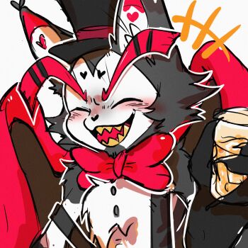 +++ 1boy animal_ears ao_gravity blush bow bowtie cat_boy cat_ears closed_mouth commentary_request cup fangs feathered_wings furry furry_male hazbin_hotel hellaverse highres holding holding_cup husk_(hazbin_hotel) male_focus open_mouth red_bow red_bowtie suspenders upper_body white_background wings