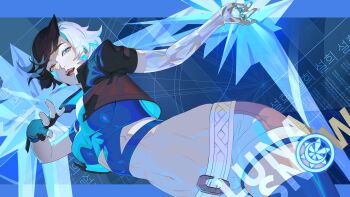 1girl absurdres belt black_gloves black_hair black_jacket blue_eyes blue_shirt brown_eyes character_name crop_top cryokinesis earrings english_text fingerless_gloves gloves heterochromia highres ice insignia jacket jewelry korean_text luna_snow marvel marvel_rivals mintbreak multicolored_hair navel shirt shorts two-tone_hair white_belt white_hair white_shorts