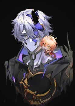 2boys absurdres angel angel_wings black_background black_cloak blonde_hair chibi chinese_commentary cloak commentary_request cracked_skin flame_reaver_of_the_deepest_dark flying_sweatdrops gradient_hair halo highres honkai:_star_rail honkai_(series) hood hood_down hooded_cloak male_focus multicolored_hair multiple_boys mydei_(honkai:_star_rail) phainon_(honkai:_star_rail) qiaose33912 red_hair short_hair simple_background upper_body white_hair wings yellow_eyes