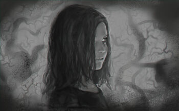 1girl chromatic_aberration colored_sclera commentary english_commentary eveline facial_mark greyscale hair_over_one_eye medium_hair messy_hair monochrome portrait profile realistic resident_evil resident_evil_7:_biohazard skyfiss solo