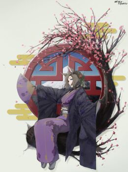 1girl absurdres air_groove_(remembering_the_flowers_of_kyoto)_(umamusume) air_groove_(umamusume) animal_ears black_gloves black_robe blue_eyes breasts brown_hair cherry_blossoms commentary english_commentary floral_print flower gloves hair_between_eyes hair_bun hair_ornament hand_fan highres holding holding_fan horse_ears horse_girl horse_tail japanese_clothes kimono obi official_alternate_costume official_alternate_hairstyle purple_kimono rika-kiyoshi robe sandals sash short_hair sitting socks solo tail tree umamusume white_sash white_socks