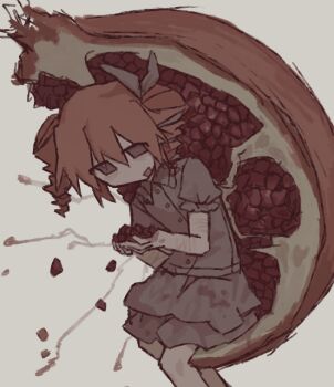 1girl alternate_costume drill_hair feet_out_of_frame food fruit grey_shorts grey_skirt holding holding_food in_food jacket kasane_teto kasane_teto_(sv) meltypen miniskirt open_clothes open_jacket oversized_food oversized_object pomegranate red_hair short_sleeves shorts skirt solo synthesizer_v twin_drills