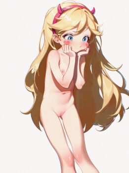 1girl blonde_hair blue_eyes blush censored completely_nude facial_mark fake_horns flat_chest gluteal_fold grey_background groin hairband hands_on_own_face heart heart_facial_mark horns loli long_hair mosaic_censoring navel nipples nude pussy simple_background solo star_butterfly star_vs_the_forces_of_evil thighs yoko-chan_(mijizukeyoko)