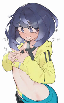 1girl aqua_pants bandeau black_hair black_pants blue_pants blunt_bangs blush bob_cut breasts canari_(pokemon) canari_(pokemon)_(cosplay) cosplay criss-cross_straps drooling gradient_hair gwynn_(pokemon) highres interlocked_fingers jacket long_sleeves mouth_drool multicolored_hair navel nintendo open_mouth pants pokemon pokemon_legends:_z-a purple_eyes purple_hair rindoriko short_hair small_breasts solo split-color_clothes sports_bra strapless tube_top two-tone_pants yellow_bandeau yellow_jacket yellow_sports_bra yellow_tube_top