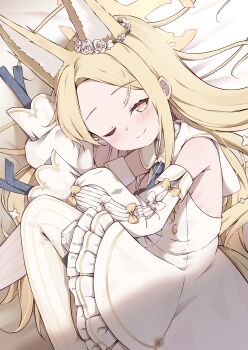 Rule 34 | 1girl, ;), absurdres, animal ears, ascot, backless dress, backless outfit, bare shoulders, bed sheet, blonde hair, blue archive, blue ascot, blush, bright pupils, buttons, closed mouth, commentary request, cross halo, detached sleeves, dress, ear wreath, flower wreath, fox ears, from side, gold buttons, gradient eyes, halo, highres, knees up, kyouwashi, long hair, multicolored eyes, one eye closed, pantyhose, petticoat, pinstripe pantyhose, sailor collar, sailor dress, seia (blue archive), short dress, sleeveless, sleeveless dress, sleeves past fingers, sleeves past wrists, smile, solo, very long hair, white dress, white pantyhose, white pupils, white sailor collar, yellow eyes, yellow halo