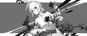 1girl blood blood_on_chest blood_on_clothes blood_on_hands book bow closed_mouth commentary_request expressionless flower greyscale gun hair_bow hairband handgun highres kagamine_rin monochrome nibiiro_dolore_(vocaloid) open_book rose short_hair solo thorns vocaloid weapon wounds404
