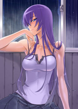 1girl bare_shoulders blue_eyes blush breasts busujima_saeko camisole casual cleavage female_focus fingernails head_rest highschool_of_the_dead large_breasts long_fingernails long_hair looking_at_viewer medium_breasts purple_hair rain satou_shouji skirt smile solo tank_top unbuttoned window