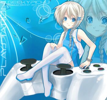 1girl 2000s_(style) blue_eyes blue_hair blue_leotard boots bracelet braid breasts controller dualshock fang frutiger_aero game_controller gamepad geekypichu hair_ornament highres jacket jewelry leotard letter_hair_ornament long_hair multicolored_hair original playstation_3_(personification) playstation_controller projected_inset silver_bracelet single_hair_intake sitting sleeveless sleeveless_jacket small_breasts solo sony streaked_hair thigh_boots twin_braids white_boots white_hair white_jacket