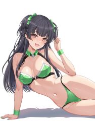Rule 34 | 1girl, :d, arm support, bare arms, bare legs, bikini, black hair, blunt bangs, blush, bow, breasts, brown eyes, cleavage, commentary request, detached collar, green bikini, green bow, green nails, hair bow, highleg, highleg bikini, highres, idolmaster, idolmaster shiny colors, long hair, mayuzumi fuyuko, medium breasts, nail polish, navel, open mouth, simple background, smile, solo, strapless, strapless bikini, swimsuit, thigh gap, tsukiyuki mike, two side up, white background, wristband