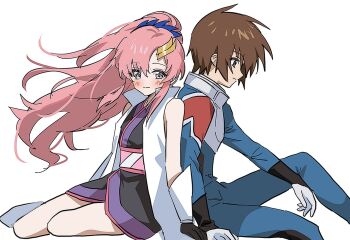 1boy 1girl black_dress black_gloves blue_eyes blue_jacket blue_pants blush brown_hair closed_mouth commentary_request dress gloves gundam gundam_seed hair_between_eyes hair_ornament hairclip highres jacket japanese_clothes kira_yamato korean_commentary lacus_clyne leaning_on_person light_smile long_hair pants parted_bangs pink_hair ponytail short_hair sidelocks sitting syst098 veil white_background white_gloves white_veil