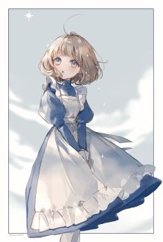 1girl absurdres ahoge apron blonde_hair blue_dress blue_eyes commentary dress highres kyuumura looking_up original own_hands_together short_hair solo sparkle symbol-only_commentary wind