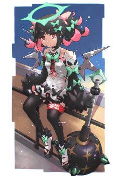Rule 34 | 1girl, absurdres, amamiyamya, bare shoulders, black hair, black sleeves, black thighhighs, bow, breasts, clothing cutout, commentary, detached sleeves, expressionless, full body, green bow, hair bow, halo, highres, looking at viewer, mace, nangong yu, pink hair, red eyes, sidelocks, sitting, solo, thighhighs, weapon, wings, zenless zone zero