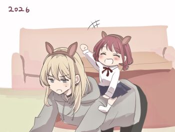 2026 2girls all_fours animal_ears black_choker black_pants blonde_hair blue_skirt brown_hair chibi choker closed_eyes commentary_request fake_animal_ears girls_band_cry grey_eyes grey_hoodie highres hood hood_down hoodie iseri_nina kawaragi_momoka low_twintails multicolored_hair multiple_girls open_mouth pants roots_(hair) salted_butter_m shirt short_hair short_twintails skirt twintails white_shirt