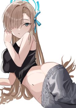 1girl absurdres arm_support asuna_(blue_archive) black_shirt blonde_hair blue_archive blue_eyes blue_halo blue_ribbon breasts cowboy_shot grey_pants groin hair_over_one_eye halo highres kyaze8555 large_breasts long_hair looking_at_viewer lowleg lowleg_pants lying midriff navel pants parted_lips ribbon shirt simple_background sleeveless solo sweatpants very_long_hair white_background