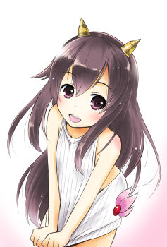 Rule 34 | 1girl, adapted costume, brown hair, clothes pull, commentary request, cone horns, cowboy shot, fake horns, gradient background, highres, horns, kantai collection, kisaragi (kancolle), kisaragi (setsubun) (kancolle), long hair, looking at viewer, naked sweater, purple eyes, sleeveless, sleeveless sweater, solo, sweater, sweater pull, taisinkoku, white background, white sweater