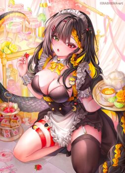 1girl apron artist_name black_hair blonde_hair bow bowtie breasts cleavage commentary commission cup earrings english_commentary eois_ezypsis flower food fruit hair_ornament hairpin heterochromia highres holding holding_food holding_fruit jewelry kneeling krashena lemon lime_(fruit) lime_slice macaron maid_headdress noa_talent red_eyes rose snake_tail solo strawberry tail teacup teapot thighhighs virtual_youtuber white_apron white_wrist_cuffs wrist_cuffs yellow_bow yellow_bowtie yellow_eyes yellow_flower yellow_rose