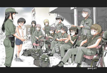 1boy 6+girls age_difference army ass assault_rifle blush boots breasts combat_boots combat_helmet dog_tags ebifly flak_jacket full_metal_jacket gun handgun heart helmet holding holding_gun holding_weapon holstered imminent_gangbang jacket large_breasts licking_lips military military_combat_uniform military_fatigues military_uniform multiple_girls original rifle ruins shirt short_hair shorts shota singlet sitting smile soldier squatting sunglasses tongue tongue_out weapon you_gonna_get_raped