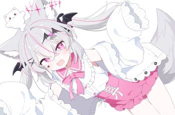 Rule 34 | 1girl, :d, animal ear fluff, animal ears, bare shoulders, bat hair ornament, blush, buttons, cardigan, collared shirt, commentary request, contrast collar, cowboy shot, cross-laced clothes, cross-laced skirt, crossed bangs, dot nose, double-parted bangs, fang, frilled shirt collar, frills, grey hair, hair between eyes, hair ornament, hairclip, hands up, high-waist skirt, highres, long hair, long sleeves, looking at viewer, miniskirt, multicolored hair, open cardigan, open clothes, open mouth, original, pink eyes, pink skirt, pink streaks, shirt, simple background, skin fang, skirt, sleeves past fingers, sleeves past wrists, smile, solo, streaked hair, tail, twintails, urotsuki (ku9625), white background, white cardigan, white shirt, wolf ears, wolf girl, wolf tail, x hair ornament