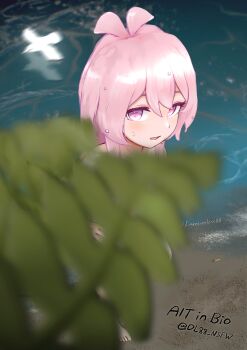 1girl beach completely_nude convenient_censoring dimensionless88 hand_on_own_hip looking_at_viewer mumble_(shachimu) nude outdoors pink_eyes pink_hair sand solo tagme water wet