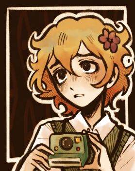 1boy alternate_eye_color basil_(faraway)_(omori) basil_(omori) black_eyes blonde_hair bright_pupils camera commentary double-parted_bangs english_commentary green_sweater_vest hair_between_eyes highres holding holding_camera male_focus omori ottie_pops parted_lips polaroid_camera shirt short_hair sidelocks solo sweater_vest upper_body white_pupils white_shirt