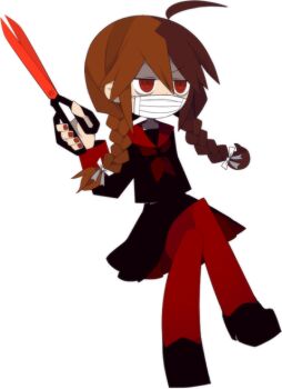 1girl ahoge black_serafuku black_shoes braid funamusea funamusea_(style) holding holding_scissors kuchica_(funamusea) mask mouth_mask neckerchief official_art orange_hair pantyhose red_eyes red_nails red_neckerchief red_pantyhose ribbon school_uniform scissors serafuku shoes twin_braids white_background white_ribbon