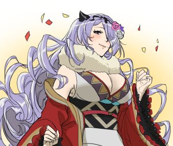 1girl armpits blush breasts camilla_(fire_emblem) camilla_(holiday_traveler)_(fire_emblem) cleavage fire_emblem fire_emblem_fates fire_emblem_heroes flower fur_trim hair_flower hair_ornament japanese_clothes kimono large_breasts long_hair looking_at_viewer mazeiro0 nintendo purple_eyes purple_hair sideboob simple_background solo tiara wavy_hair