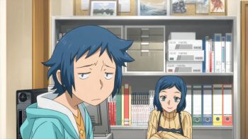 10s 1boy 1girl 2013 age_difference animated animated_gif anime_screenshot apron aqua_eyes blue_hair blue_hoodie blush bouncing_breasts breasts closed_eyes computer counter crossed_arms gundam gundam_build_fighters happy hood hoodie iori_rinko iori_sei large_breasts leaning_on_table lipstick long_hair long_sleeves low_ponytail makeup mature_female monitor mother_and_child mother_and_son older_female_and_younger_male parent_and_child ponytail shop short_hair smile solo standing sweater tagme turtleneck turtleneck_sweater yellow_sweater