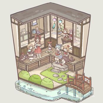 6+girls :d alice_margatroid animal apron aqua_hair ascot black_cat black_hat black_skirt black_vest blue_dress blue_eyes blue_shoes bow braid bridge brown_hair cat chabudai chigu cirno closed_mouth collared_shirt commentary_request detached_sleeves detached_wings dress eating fanning_self faux_figurine fish food fruit hair_bow hair_tubes hakurei_reimu hand_fan hanging_scroll hat highres holding holding_fan holding_food holding_fruit holding_tray indian_style kirisame_marisa long_hair long_sleeves maneki-neko mary_janes multiple_girls neck_ribbon open_mouth patchouli_knowledge plate porch puffy_short_sleeves puffy_sleeves purple_dress purple_hair red_ascot red_eyes red_ribbon red_shirt red_shoes red_skirt ribbon rumia scroll shanghai_doll shirt shoes short_hair short_sleeves side_braid single_braid sitting skirt skirt_set smile spitting_seed standing table touhou tray unworn_headwear vest waist_apron watermelon white_apron white_bow white_shirt wide_sleeves wind_chime wings witch_hat yellow_ascot yellow_eyes