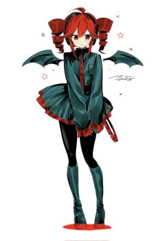 1girl ahoge black_shirt black_skirt black_wings demon_wings drill_hair full_body hashtag-only_commentary highres kasane_teto kasane_teto_(utau) looking_at_viewer red_eyes red_hair shirt sidelocks simple_background skirt sleeves_past_fingers sleeves_past_wrists solo tanglaoban1225 twin_drills utau white_background wings